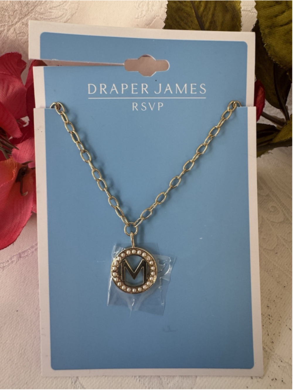 Draper James CZ Goldtone Necklace initial M Pendant Preppy Old Money Style NEW